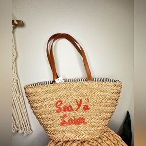 Capelli Straworld New York Sea Ya Later Straw Tote bag Tan Red Embroidery new